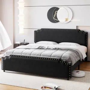 Full Size Bed Frame, Velvet Upholstered Platform Bed Frame with Rivet Decor Headboard, Strong Wood Slat Support, No Box Spring Needed(Black/Full)