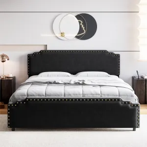 King Size Bed Frame, Velvet Upholstered Platform Bed Frame with Rivet Decor Headboard, Strong Wood Slat Support, No Box Spring Needed(Black/King)