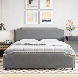King Size Bed Frame, Velvet Upholstered Platform Bed Frame with Rivet Decor Headboard, Strong Wood Slat Support, No Box Spring Needed, Grey (King)