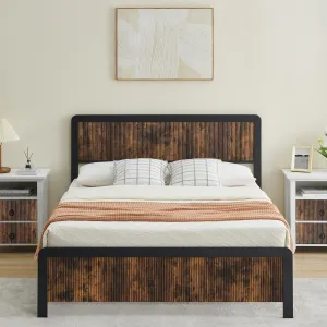 Full Size Bed Frame with Wave Wood Headboard, 13.8" Under Bed Storage, Steel Slat Support, Safe Rounded Corners, No Box Spring Needed, Rustic Brown