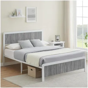 Full Size Bed Frame with Wave Wood Grain Headboard, 13.8" Under Bed Storage, Safe Rounded Corners, Steel Slat Support, No Box Spring Needed, Grey
