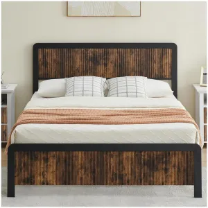 Queen Size Bed Frame Wave Wood Headboard Footboard + 13.8 Inch Storage + Safe Rounded Corners + Steel Slat Support + No Box Spring Needed + Rustic Brown