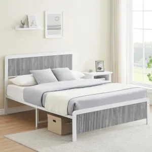 Queen Size Bed Frame with Wave Wood Headboard, 13.8" Storage, Steel Slat Support, Rounded Corners, No Box Spring Needed (Grey)