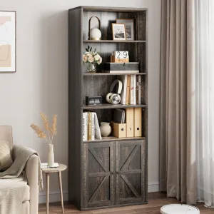 Farmhouse Bookcase with Doors, 71.4in Tall Bookshelf with 11.8in Depth Display Storage Shelves, Industrial Bookcases Wooden 6 Shelf Bookshelves for Living Room, Home Office, Oak