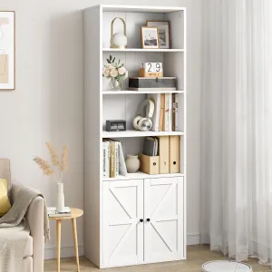 Industrial Bookshelf with Doors, 71.4in Tall Farmhouse Bookcases with Depth Display Storage Shelves, Wooden 6 Shelf Bookshelvels for Bedroom, Home Office, White
