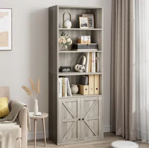 Industrial Bookshelf Bookcase with Doors & 11.8in Depth Display Storage Shelves, 71.4in Tall Farmhouse Bookcases Wooden 6 Shelf Bookshelvels for Bedroom, Living Room, Home Office, Gray