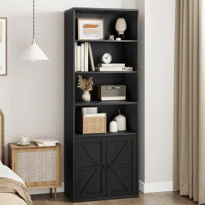 Farmhouse Bookcase with Doors, 71.4in Tall Bookshelf with 11.8in Depth Display Storage Shelves, Industrial Bookcases Wooden 6 Shelf Bookshelves for Living Room, Home Office, Black