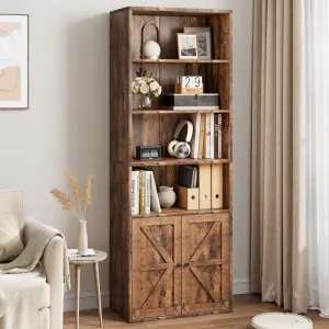 Bookcase with Doors, Industrial Bookshelf 11.8in Depth Display Storage Shelves, 71.4in Tall Farmhouse Bookcases Wooden 6 Shelf Bookshelvels for Bedroom, Living Room, Home Office, Brown