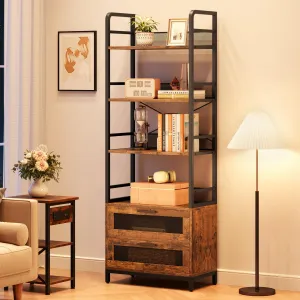Bookshelf with Drawers Industrial Bookcase with 4 Tiers Open Storage Shelves Rustic Bookshelves 70.87" Tall Display Racks Farmhouse Bookshelf for Bedroom, Living Room, Home Office, Brown