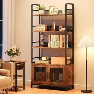Bookshelf with Doors Industrial Bookcase with 4 Tiers Open Storage Shelf Rustic Bookshelves 70.87" Tall Display Rack Cabinet Farmhouse Bookshelf for Bedroom, Living Room, Home Office, Brown