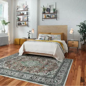 10x13 Large Washable Vintage Medallion Rug Non Slip Area Rug Low Pile Indoor Carpet Ultra Soft Thin Rug for Living Room Bedroom Office Green