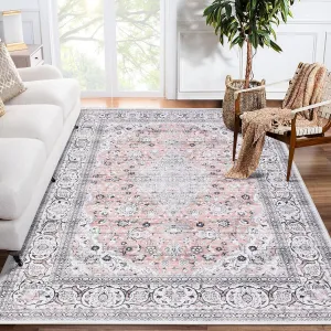 Oriental Pink 3x5 Modern Washable Rug Boho Vintage Rugs for Living Room Bedroom Medallion Distressed Area Rugs Low Pile Office Carpet Non Slip Farmhouse Floor Cover