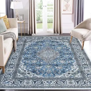 Oriental Blue 8x10 Large Vintage Medallion Area Rug Non-Slip Distressed Area Rug Machine Washable Indoor Floor Carpet Low Pile Rug for Bedroom Nursery