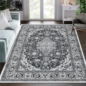 Oriental Black & Grey 9x12 Area Washable Rug for Living Room Non Slip Rug Vintage Medallion Area Rug Low Pile Distressed Rug Stain Resistant Carpet for Bedroom Dining Room, Black/Grey