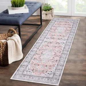 Oriental Pink 2x6  Runner Washable Kitchen Rug Modern Medallion Rugs for Hallway Laundry Bathroom Boho Entryway Rugs Distressed Bedroom Area Rugs Vintage Office Carpet Non Slip Floor Cover