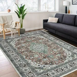 Oriental Green 4x6 Living Room Modern Rug Medallion Distressed Rugs for Bedroom Office Boho Washable Area Rugs Vintage Carpet Bohemian Farmhouse Floor Cover Green