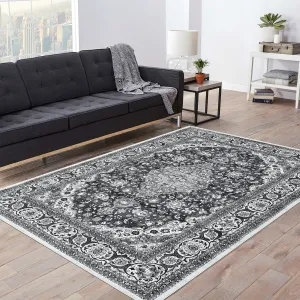 Washable Rug 5x7 Medallion Area Rug Non-Slip Low Pile Stain Resistant Carpet for Living Room Bedroom, Black/Grey