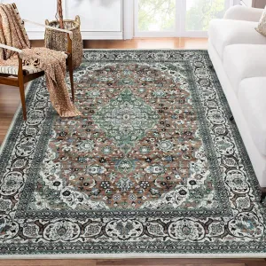 Oriental Green 6x9 Rug for Living Room Washable Rugs Boho Rug for Bedroom Vintage Rug Soft Rug Non Slip Carpet Tribal Medallion Throw Rugs Stain Resistant Office Rug Classroom Rug