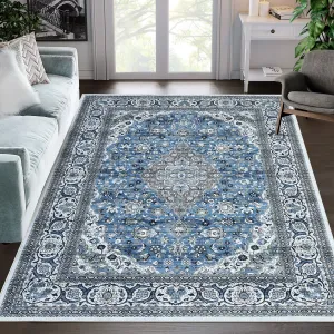 Oriental Blue 4x6 Vintage Medallion Area Rug Non Slip Washable Rug Non Shedding Distressed Rug Low Pile Throw Rug for Bedroom Nursery Living Room, Blue