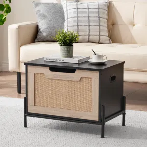 Rattan Storage Bench with Safety Hinges, Storage Organizer, Storage Trunk, Supports 220 lb, Storage Chest for Entryway, Living Room, and Bedroom, Easy to Assemble, Modern Style, Oak & Black