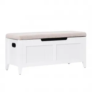 Storage Chest with Flip-Top, Upholstered Bench, 2 Safety Hinges, Wooden Construction, 39.4 x 15.7 x 18.1 Inches, White, Entryway, Bedroom, Living Room