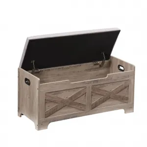 Storage Chest Lift Top Trunk with 2 Safety Hinges Barn Style Wooden Bench Seat Cushion Large for Entryway Bedroom Living Room