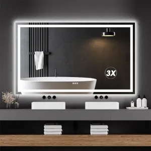 LED Bathroom Mirror 60X36“ Wall-Mounted Vanity Mirrors Stepless Dimmable Wall Mirrors with 3X Magnification, Anti-Fog, Backlit + Front Lit, Memory Function, Waterproof, Tempered Glass