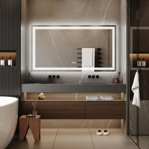 55x30 LED Bathroom Mirror with Anti-Fog, Dimmable, Backlit + Front Lit, Double LED, 3 Colors, Stepless Dimming, Waterproof, Shatterproof, for Bathroom Wall