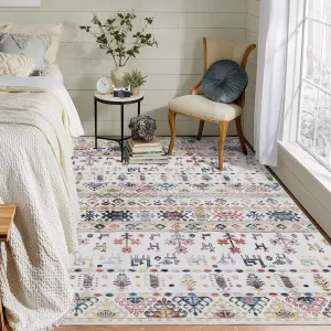 Area Rug 8x10 Washable Rug for Living Room Distressed Boho Rug Non Slip Non Shedding Indoor Rug Lightweight Foldable Rug for Living Room Bedroom, Yellow/Grey