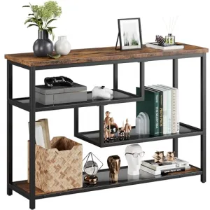 Console Table 4-Tier Narrow Entryway with Glass Shelf & Metal Frame, 39.4" Industrial Hallway Table, Rustic Brown