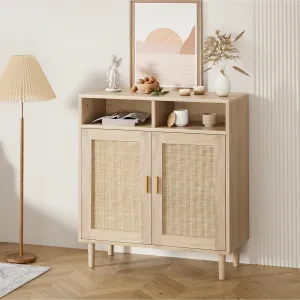 Sideboard Buffet Cabinet, Rattan, 2 Doors, Modern Coffee Bar Cabinet, Natural Oak, 36''H, Kitchen Dining Room Entryway