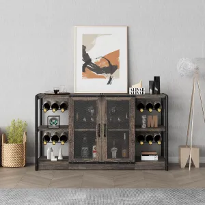 Bar Cabinet Industrial Design with Storage Space MDF Boards Metal Frame Mesh Door for Living Room Kitchen