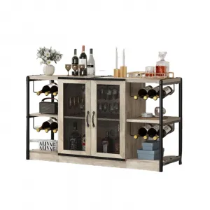 Industrial Wine Bar Cabinet with Storage, Metal Elements, Rustic Color, Cable Holes, Grey, Dining Room, Living Room
