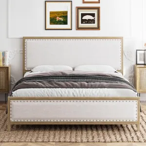 King Size Metal Bed Frame with Linen Upholstered Headboard, Rivet Design, Wood Grain, No Box Spring Needed, Vintage Style