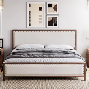 Queen Size Metal Bed Frame with Linen Headboard and Footboard, Wood Grain, Rivet Design, No Box Spring Needed, Vintage Walnut