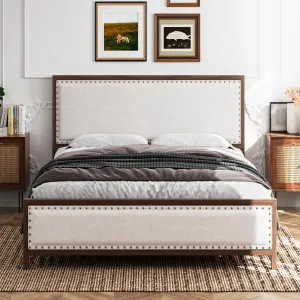King Size Upholstered Metal Bed Frame with Linen Headboard & Footboard, Wood Grain, Rivet Design, No Box Spring Needed, Vintage Walnut
