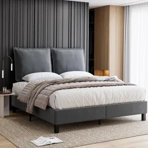 Queen Bed Frame with Adjustable Headboard + Sturdy Wood Slat Support + No Box Spring Needed + Easy Assembly + Gray