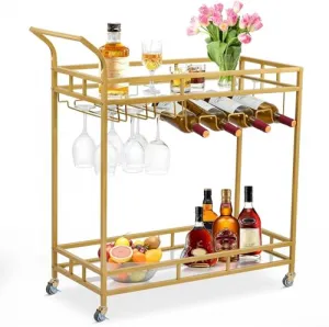 Large Gold Bar Serving Cart with 2 Mirrored Shelves & Wine Holders