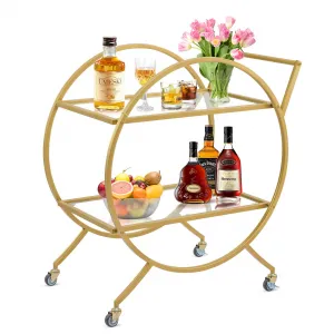 Metal Wine Cart: Round, 2 Mirrored Shelves, Rolling Design,Gold