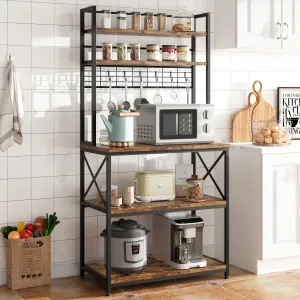 Kitchen Bakers Rack, Microwave Oven Stand with Large Storage, Industrial Coffee Bar Station, 5-Tier Kitchen Utility Storage Shelf with 6 Hooks for Spice, Pots Organizer, Rustic Brown