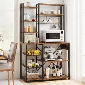 Baker Rack with Power Outlet, Kitchen Bakers Rack with 2 Wire Basket, Microwave Stand with Large Open Storage Shelves, 7-Tier Freestanding Utility Storage Shelf, Retro Brown