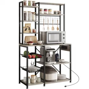 Bakers Rack with Power Outlet, Industrial Microwave Stand with 2 Wire Drawer, Large Coffee Bar Station, 7-Tier Kitchen Bakers Rack with Storage for Kitchen Spice, Pots Organizer, Gray