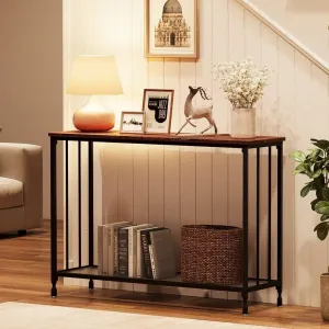 41.5 Inch Narrow Console Table, 2-Tier Entryway Table with Glass Shelf and Metal Frame, Industrial Hallway Table for Living Room Bedroom Foyer, Rustic Brown