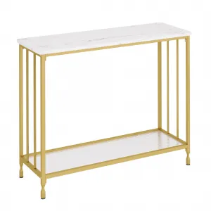 Console Table Narrow Entryway Table with Glass Shelf, Metal Frame, Fluted Glass Design, 33.5”L, Gold, Ideal for Living Room, Foyer, Bedroom