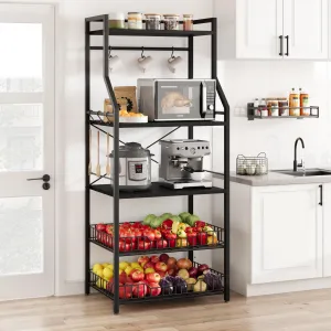 Kitchen Bakers Rack, Microwave Oven Stand with 2 Large Wire Baskets, Industrial Coffee Bar Station, 5-Tier Kitchen Utility Storage Shelf with 8 Hooks for Spice, Pots Organizer, Black