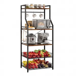 Kitchen Bakers Rack with Microwave Stand, 2 Large Wire Baskets, Industrial Coffee Bar Station with MDF Board, 5-Tier Storage Shelf, 8 Hooks for Kitchen Storage, Brown
