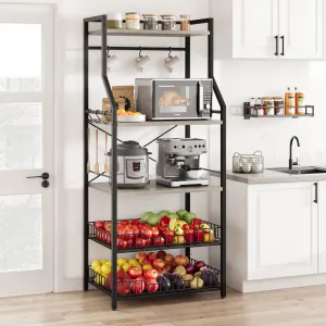 Rustic Microwave Stand, 5-Tier Storage Rack with Adjustable Feet and Anti-Tip Kit, Engineered Wood, Rustic Gray