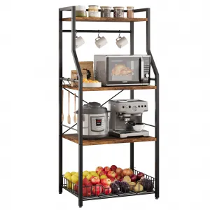 Kitchen Bakers Rack, Microwave Oven Stand with Large Wire Basket, Industrial Coffee Bar Station, 4-Tier Kitchen Utility Storage Shelf with 8 Hooks for Spice, Pots Organizer, Brown