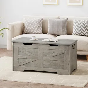 Wooden Storage Chest with Safety Hinge, Flip Top, 39.4" Bench, MDF Board, Farmhouse Style, Entryway, Bedroom, Gray