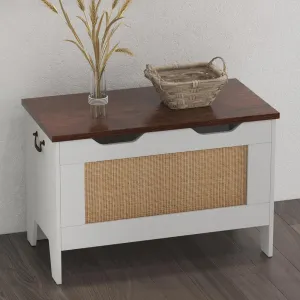 Wooden Rattan Storage Chest with Safety Hinge, Flip Top, 30" Bench, White, for Entryway, Living Room, Bedroom
